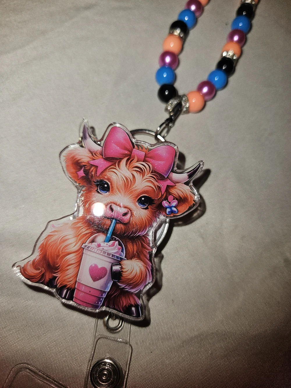 Cute Pink Cow Beaded Lanyard Card Holder